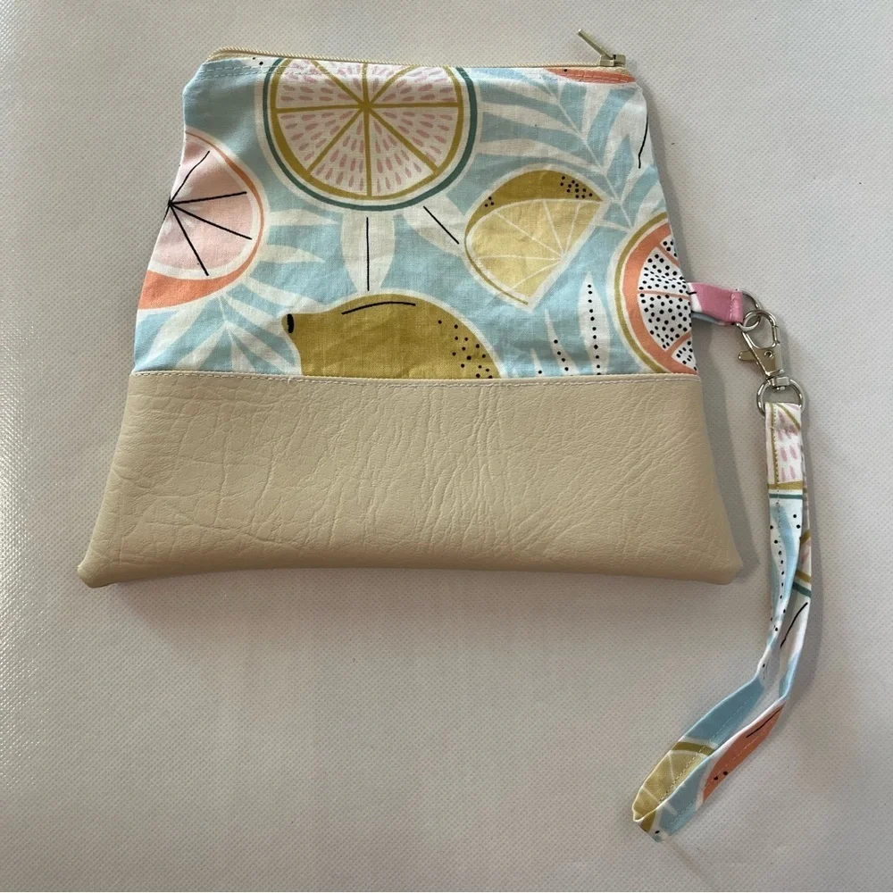 Handmade Fold Over Mini Clutch Wristlet Bag Fruit Fabric Faux Leather